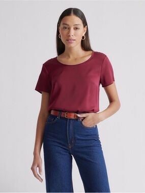 Quince Washable Stretch Silk Tee Womens XL Burgundy Short Sleeve Blouse Preppy